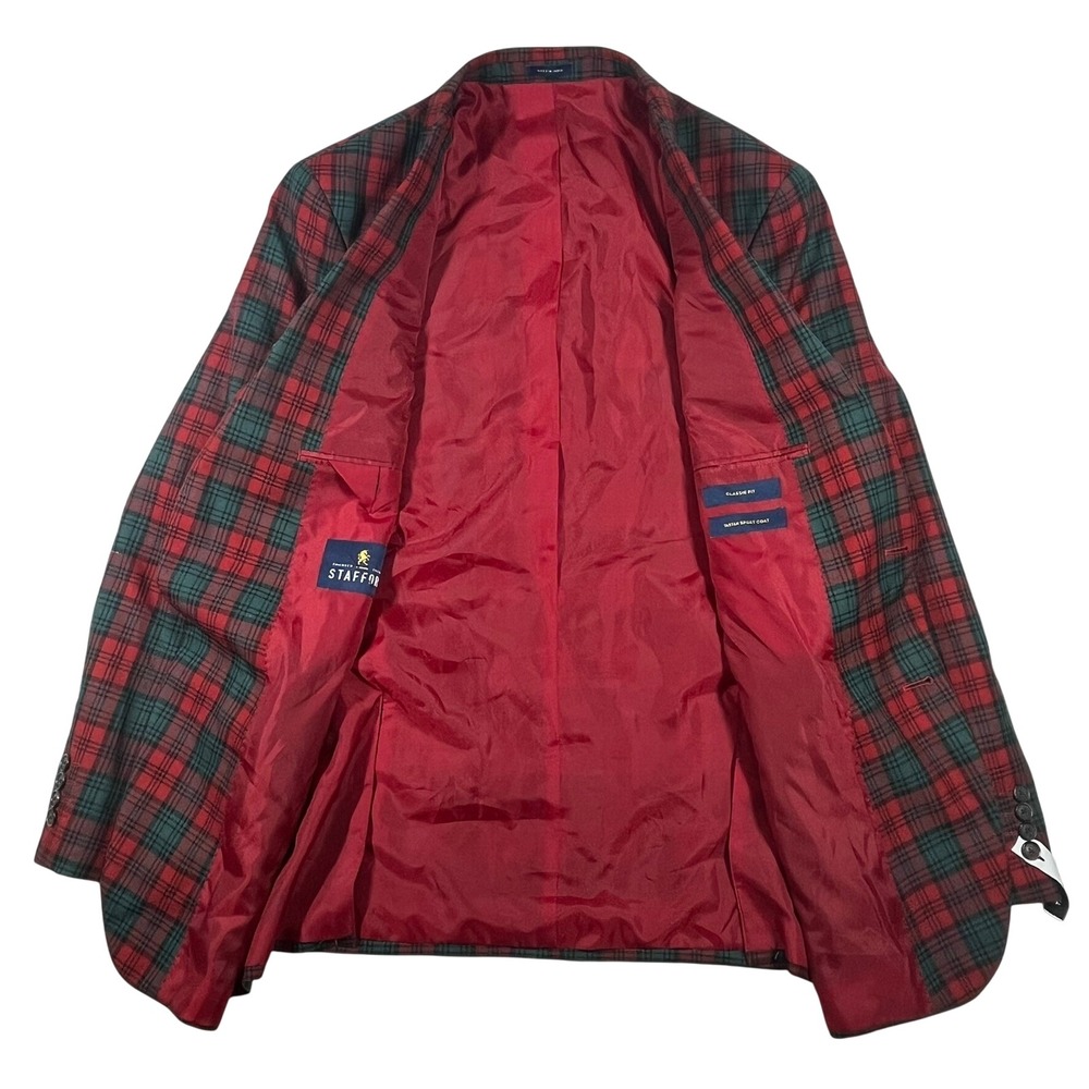 Stafford Tartan Sport Coat Mens 42R Red Green Plaid Wool Blend Classic Blazer - Picture 5 of 16